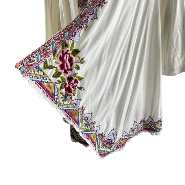 JOHNNY WAS Size 2X White Embroidered Long Sleeve Open Front TOP