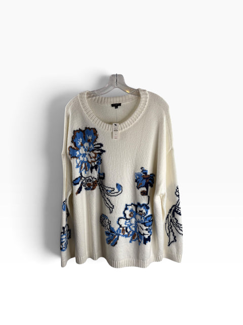 TALBOTS Size 2X White/Blue Floral Long Sleeve Round Neck NWT SWEATER