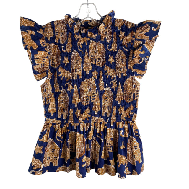 PRINTFRESH Size MEDIUM Navy/Tan Print Short Sleeve Peasant Organic Cotton BLOUSE