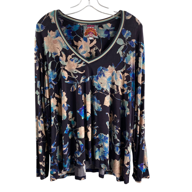 JOHNNY WAS Size X-LARGE Navy/Multi Print Peasant/Blossy TOP