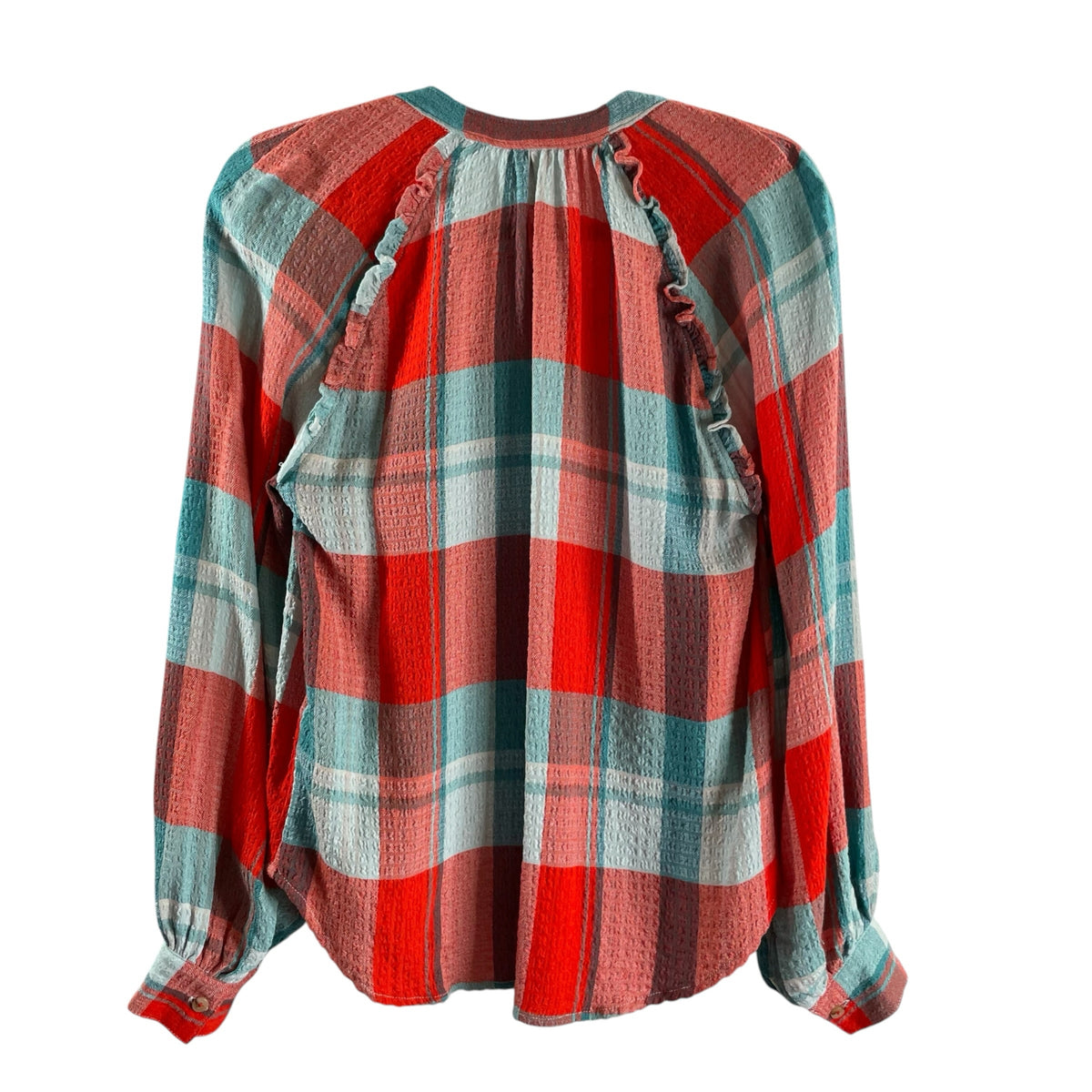 PILCRO Size X-SMALL Turquoise/Red Plaid Long Sleeve B'front Viscose TOP