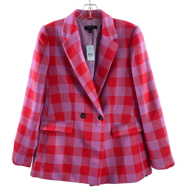 ANN TAYLOR Size 4 PETITE Red/Purple Check Long Sleeve Polyester Blend BLAZ / JKT