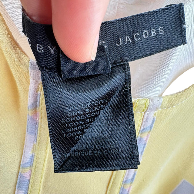 MARC JACOBS Size 6 Cream/Yellow Print Sleeveless Silk DRESS