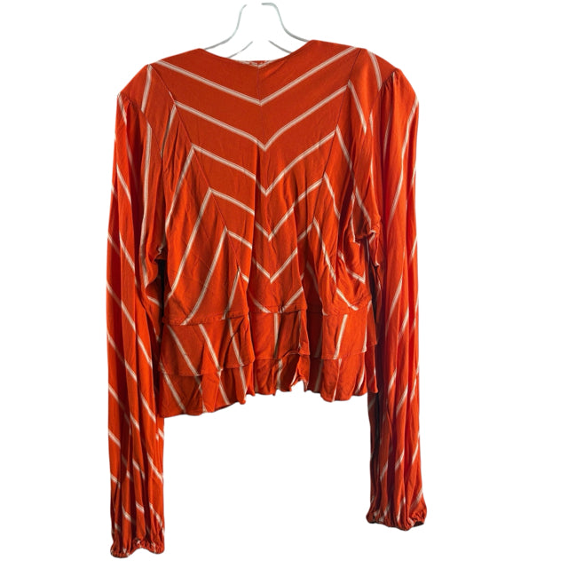 FREE PEOPLE Size MEDIUM Orange/Tan Stripe Long Sleeve Crop Rayon TOP