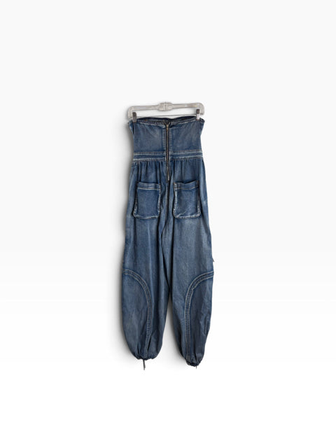 AKIRA Size SMALL Denim Blue Tie Pockets Ballon Sleeve Denim JUMPSUIT