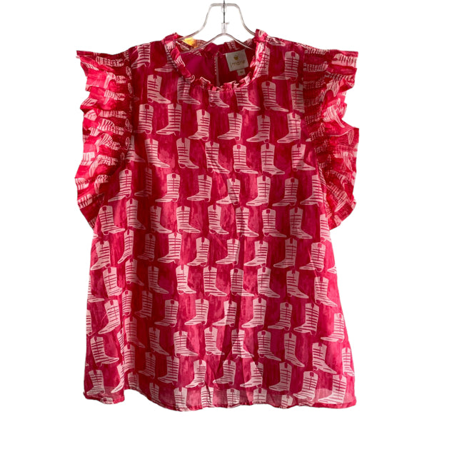 J MARIE Size MEDIUM Hot Pink/White Print Cap Sleeve Polyester TOP