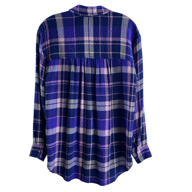 PILCRO Size SMALL Blue/Purple Plaid Long Sleeve Button Front Viscose Blend TOP