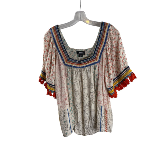MAEVE Size LARGE Cream/Multi Print Short Sleeve Square Neck BLOUSE