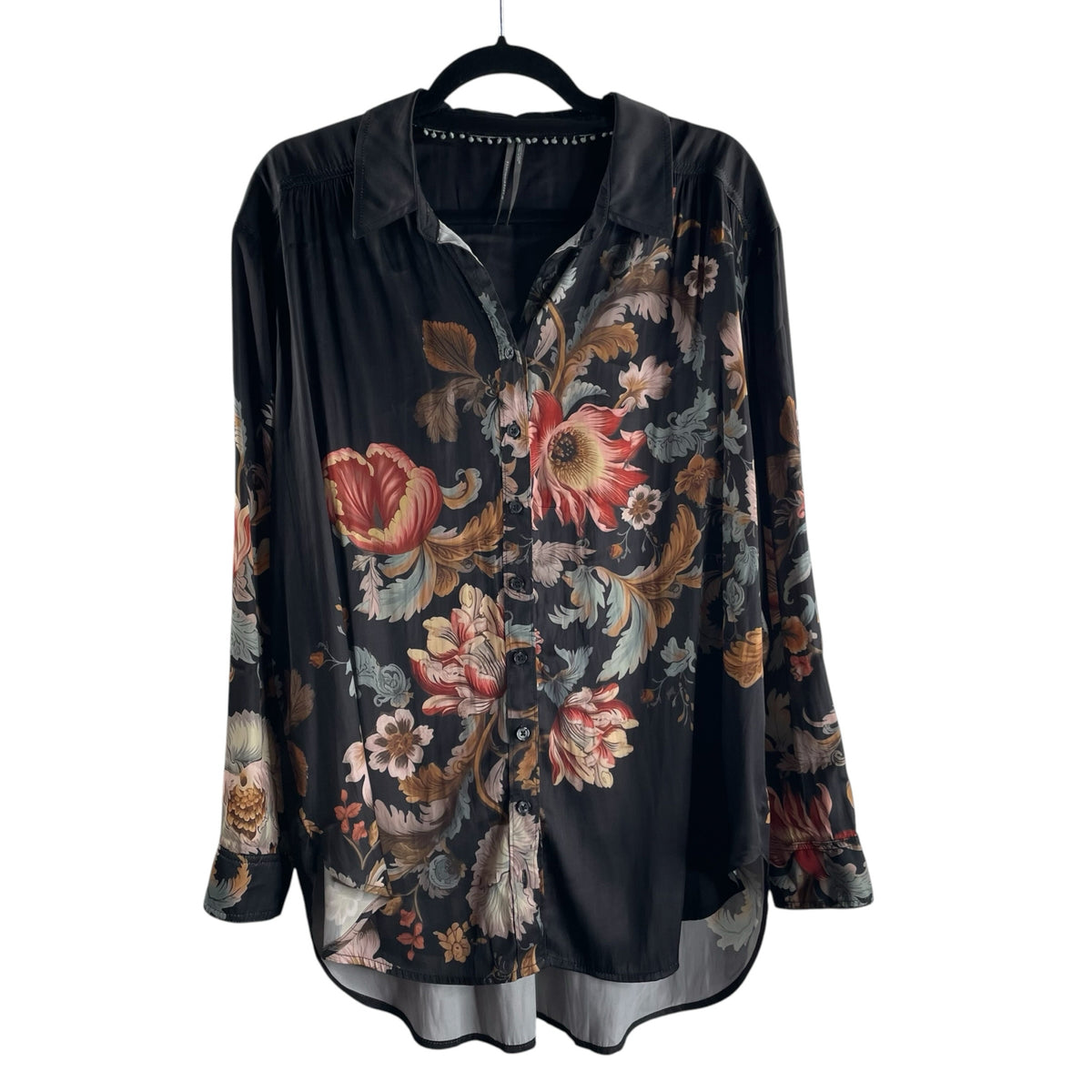 ANTHROPOLOGIE Size LARGE Black Floral Long Sleeve Button at Neck BLOUSE