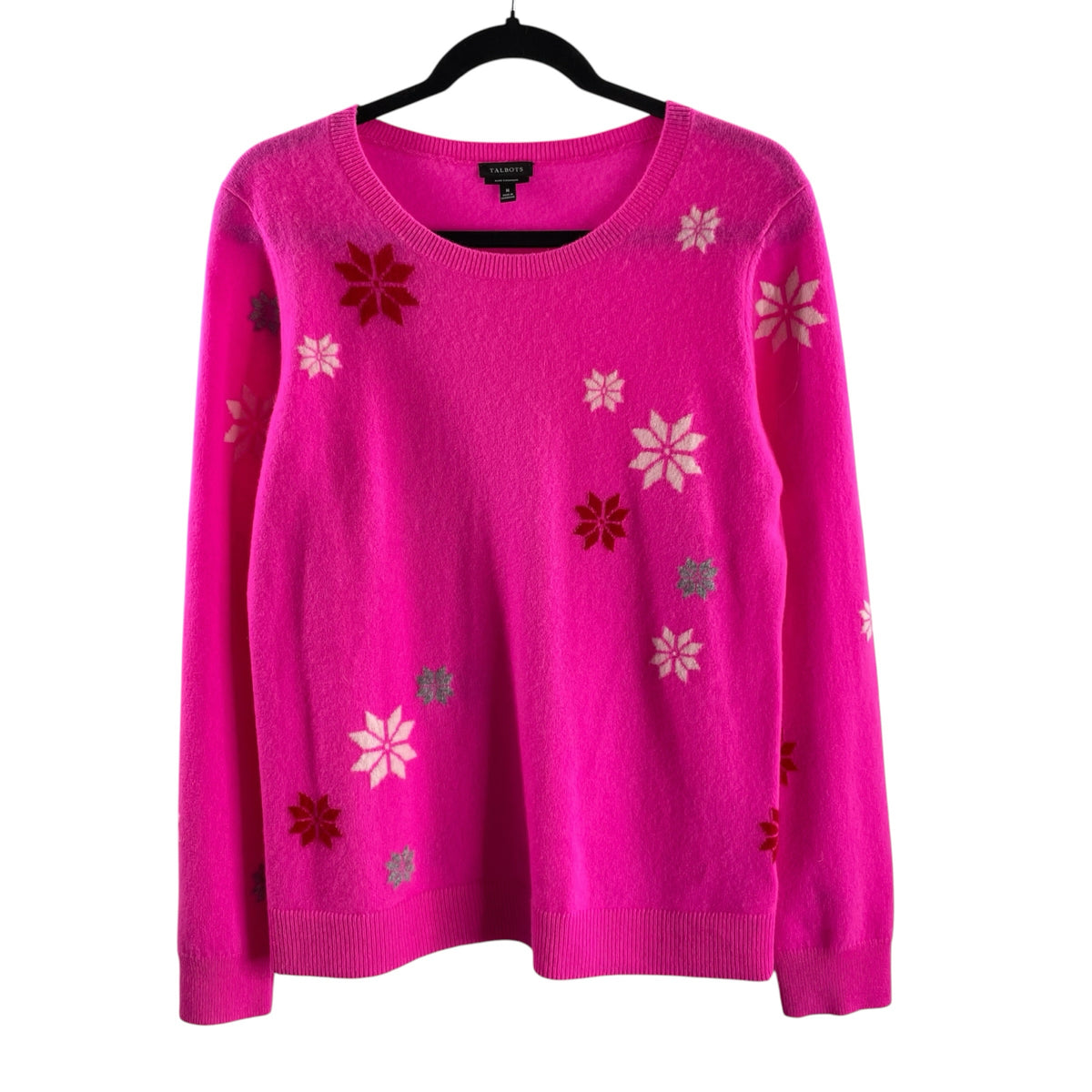 TALBOTS Size MEDIUM Hot Pink Snowflake Long Sleeve Pullover Cashmere SWEATER