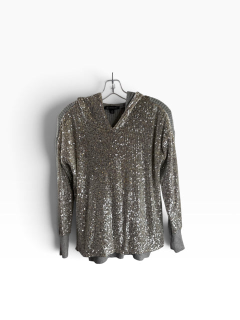 INC Size SMALL Silver Sequin Long Sleeve Hood TOP