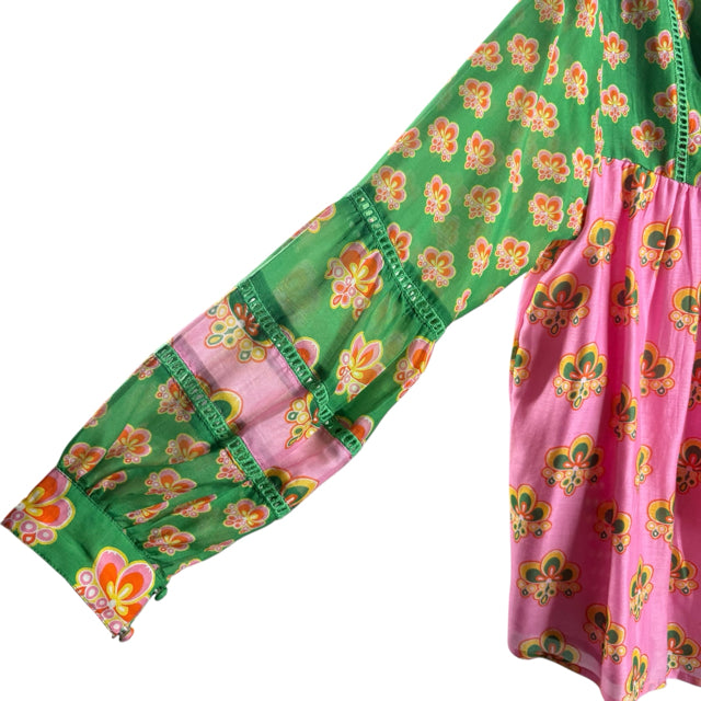 CK BRADLEY Size SMALL Green/Pink Floral Long Sleeve Peasant Viscose BLOUSE