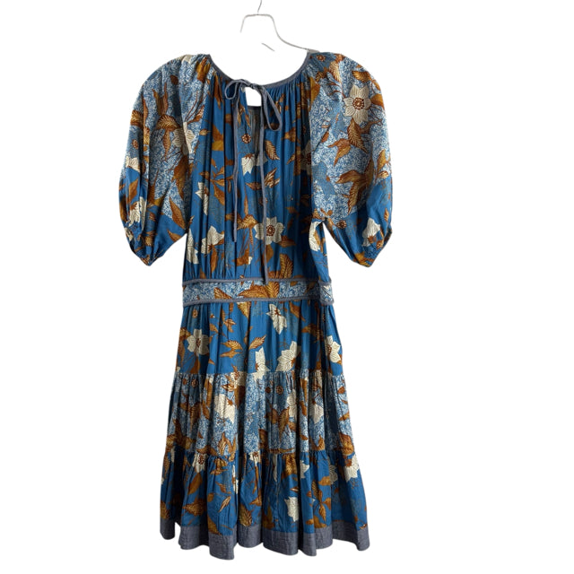 ULLA JOHNSON Size 4 Blue/Brown Print Short Sleeve Cotton Blend NWOT DRESS