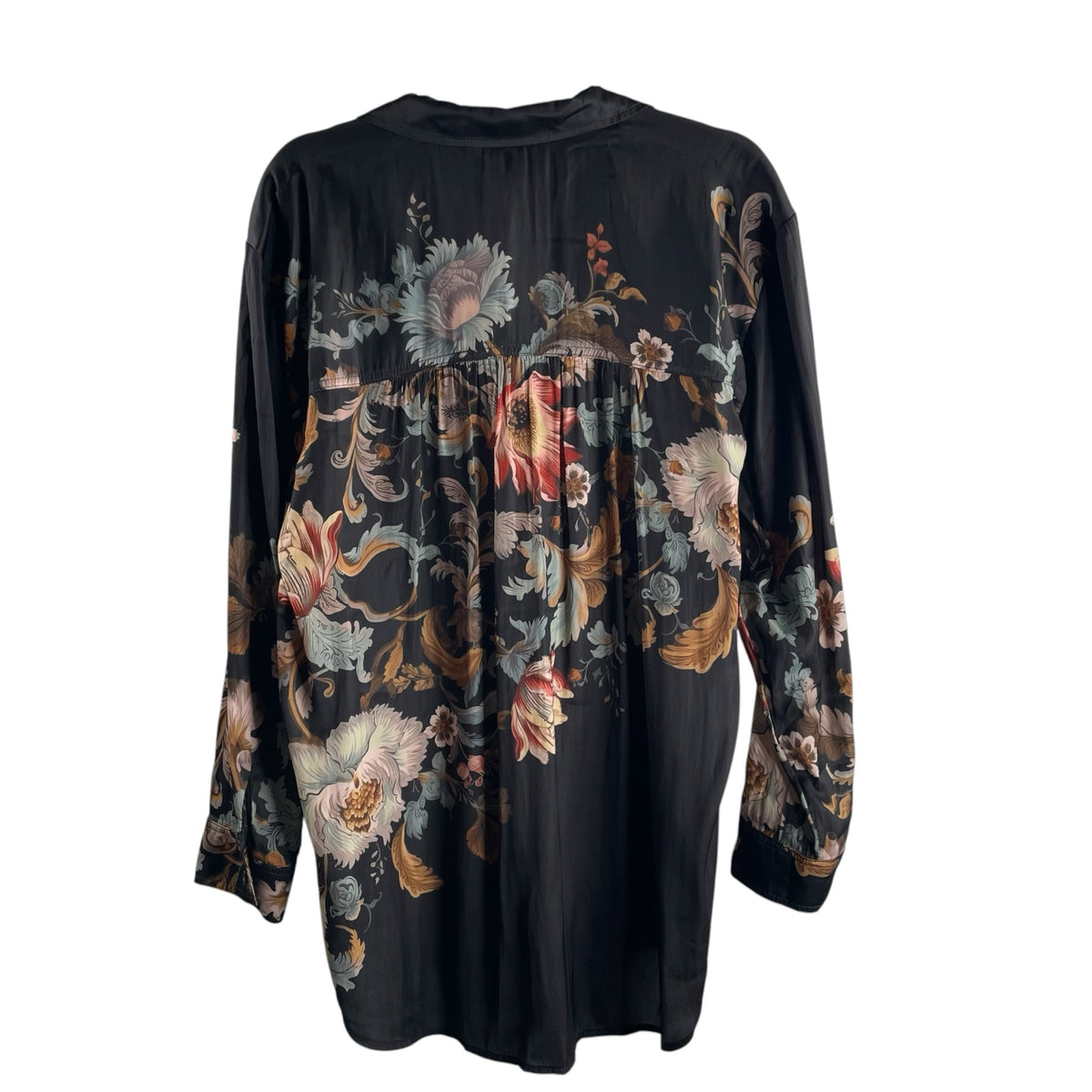 ANTHROPOLOGIE Size LARGE Black Floral Long Sleeve Button at Neck BLOUSE