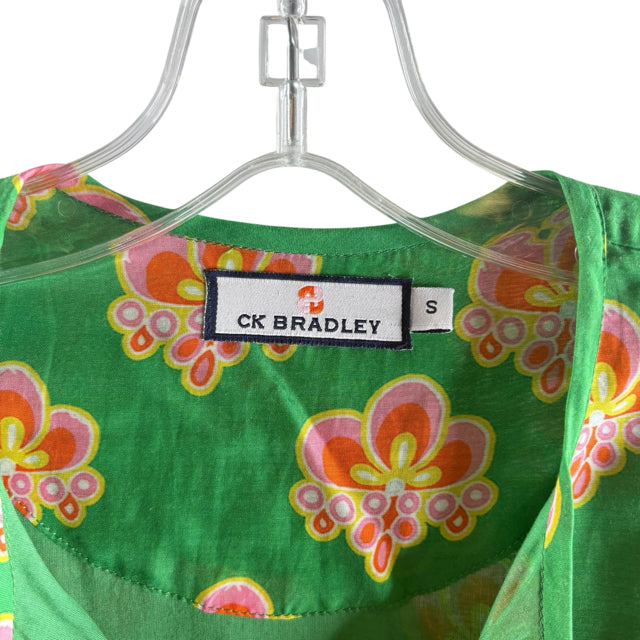 CK BRADLEY Size SMALL Green/Pink Floral Long Sleeve Peasant Viscose BLOUSE