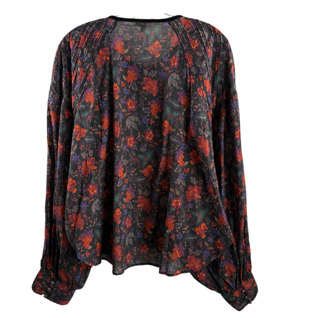 PILCRO Size MEDIUM Dark Multi Floral Long Sleeve Button Front Cotton BLOUSE
