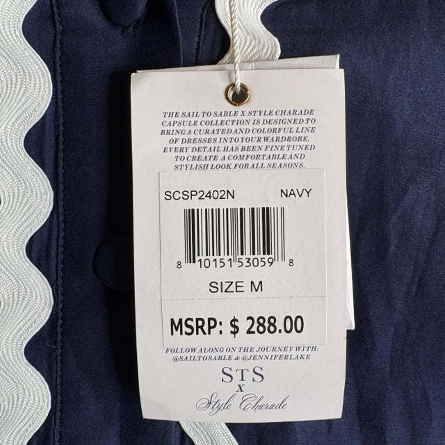 STS Size MEDIUM Navy/White Ribbon Detail Short Sleeve Silk blend NWT DRESS