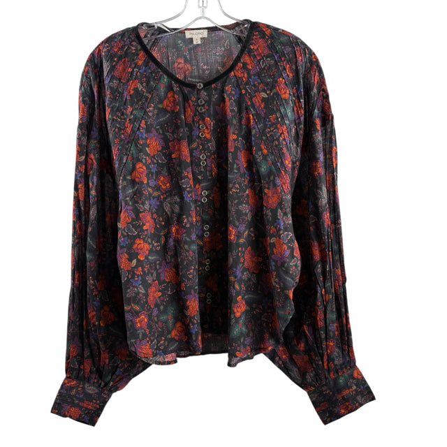 PILCRO Size MEDIUM Dark Multi Floral Long Sleeve Button Front Cotton BLOUSE