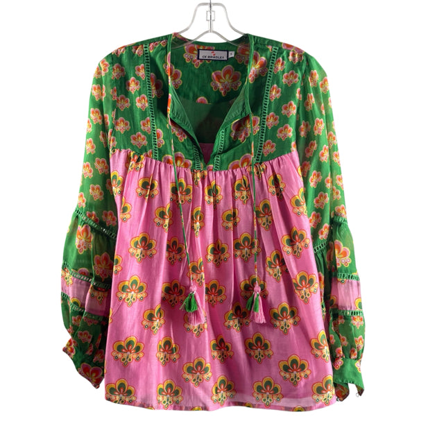 CK BRADLEY Size SMALL Green/Pink Floral Long Sleeve Peasant Viscose BLOUSE