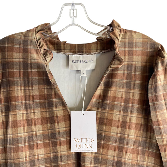 SMITH & QUINN Size MEDIUM Brown Plaid Long Sleeve Polyester Blend NWT DRESS