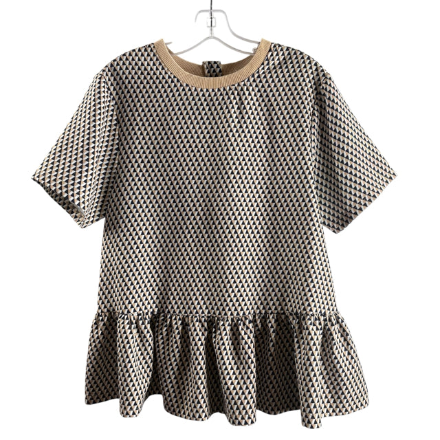 ADDISON BAY Size SMALL Tan/Navy Print Short Sleeve Peplum Polyester Blend TOP