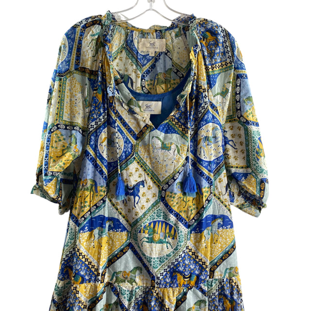 PRINTFRESH Size MEDIUM Blue/Tan Print 3/4 Sleeve Cotton DRESS