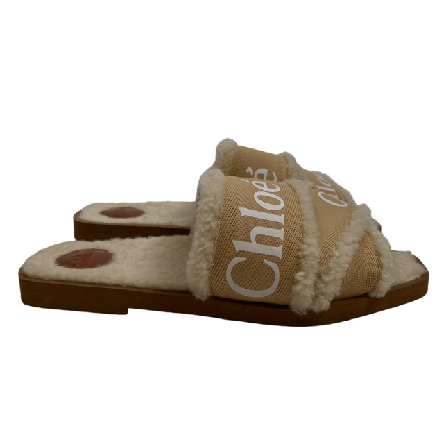CHLOE Size 42 Cream Sandal Shearling BOX SHOE