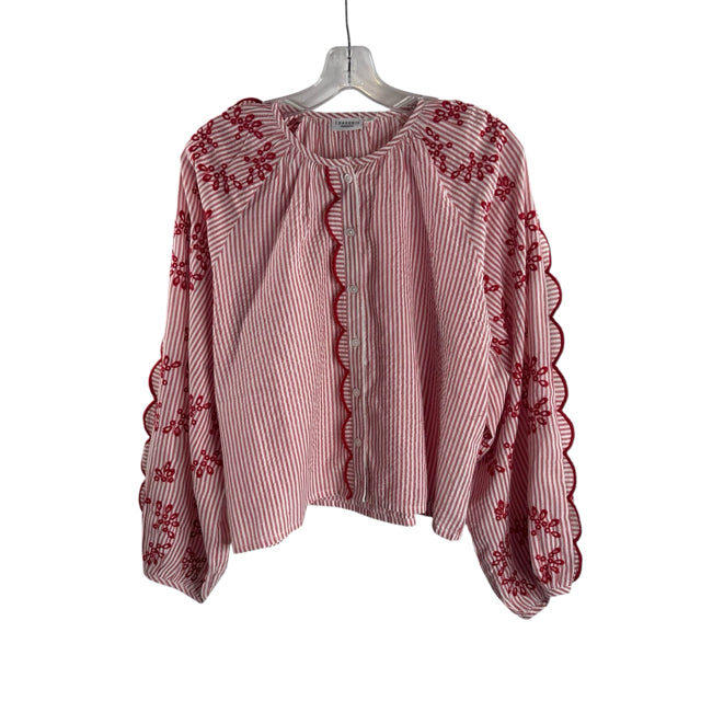 CHAKERIS Size MED Red Stripe Long Sleeve BLOUSE