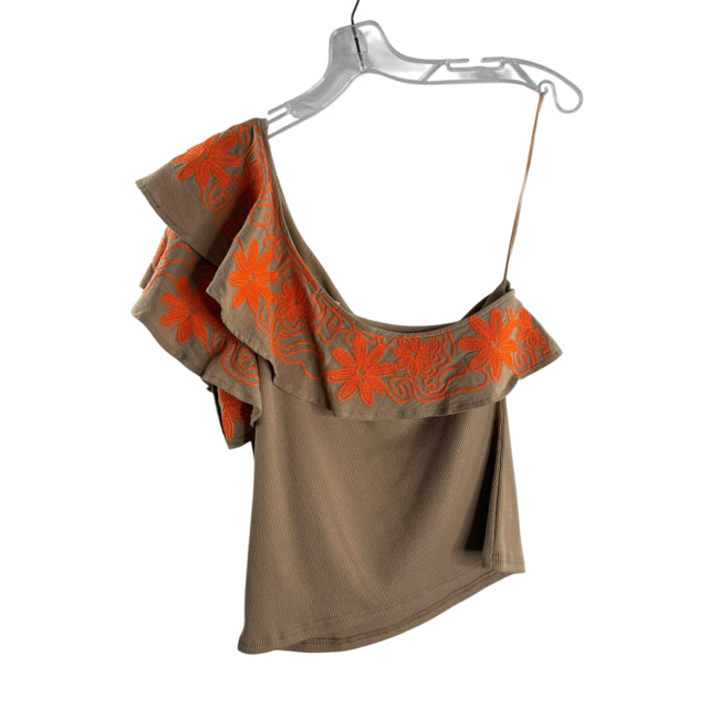 DOLAN Size MED Tan Ruffle Neck One Shoulder TOP