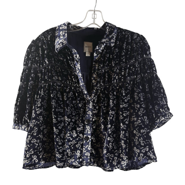 MAEVE Size MEDIUM Navy/Silver Bows Short Sleeve Button Front Velvet TOP
