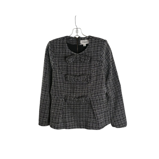 POMANDER PLACE Size MEDIUM Black/White Bow Long Sleeve Peplum Polyester TOP