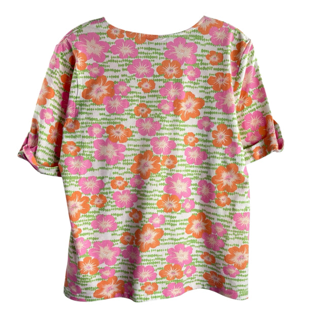 HEARTS OF PALM Size MEDIUM Pink/Green Floral Short Sleeve V-Neck TOP