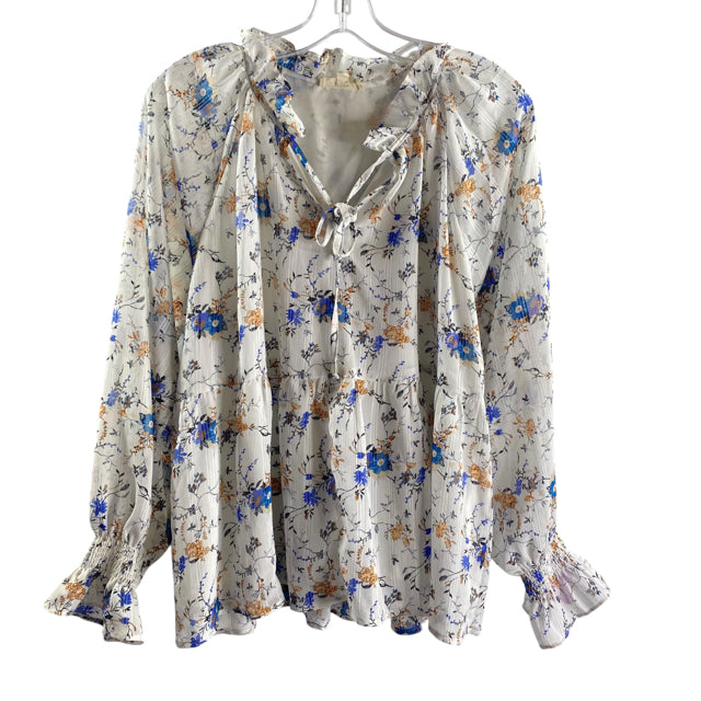 ENTRO Size SMALL White/Multi Floral Long Sleeve Peasant Polyester TOP