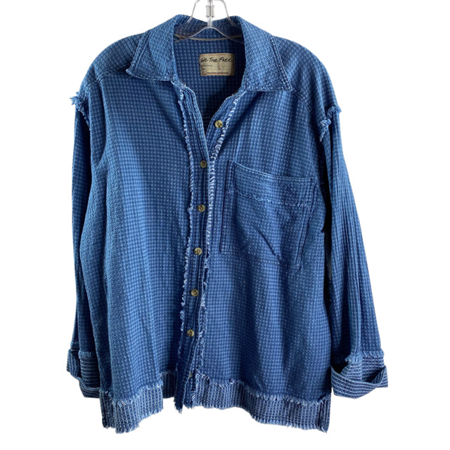 WE THE FREE Size SMALL Blue Waffle Long Sleeve Button Front Cotton TOP