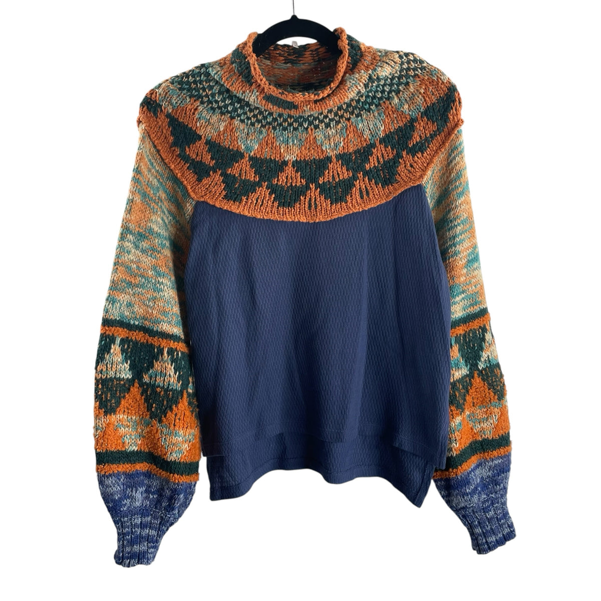 FREE PEOPLE Size SMALL Blue/Orange Nordic Long Sleeve Funnel Neck SWEATER