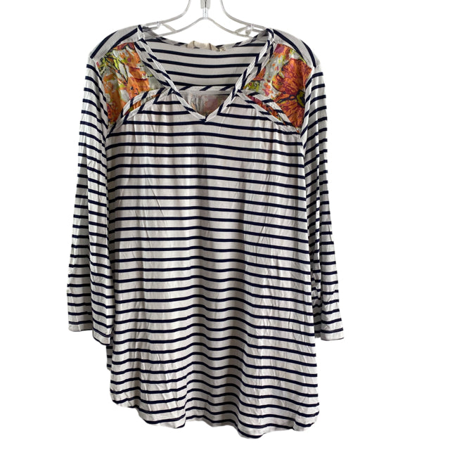 SOFT SURROUNDINGS Size 1X White/Black Stripe 3/4 Sleeve Rayon Blend TOP