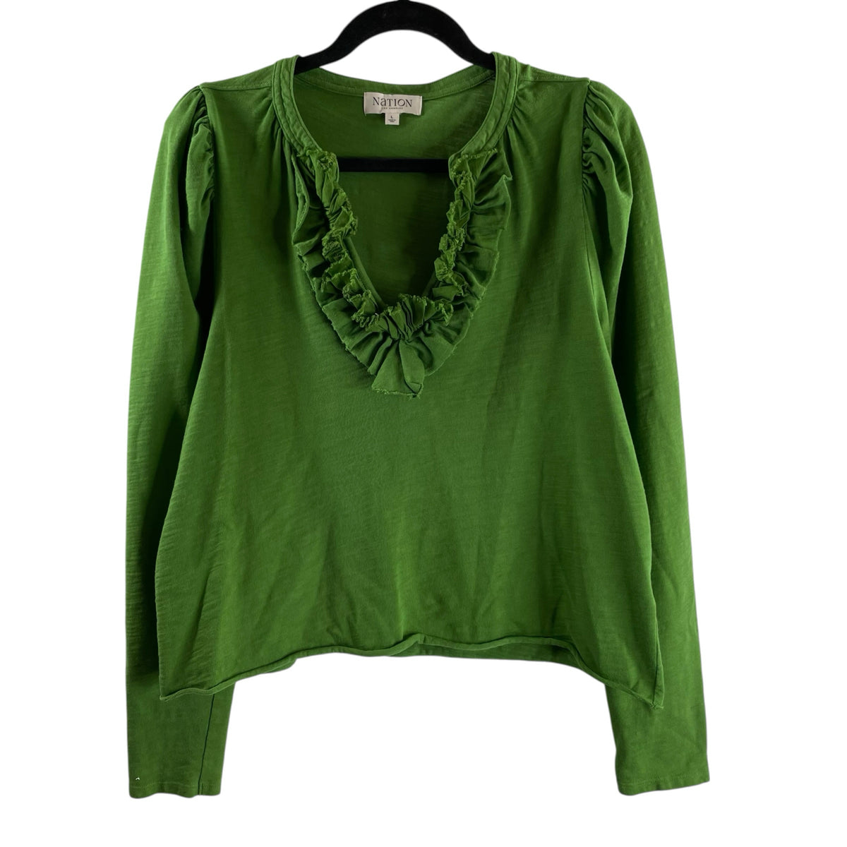 NATION Size LARGE Green Ruffle Neck Long Sleeve Ruffle Details Cotton TOP