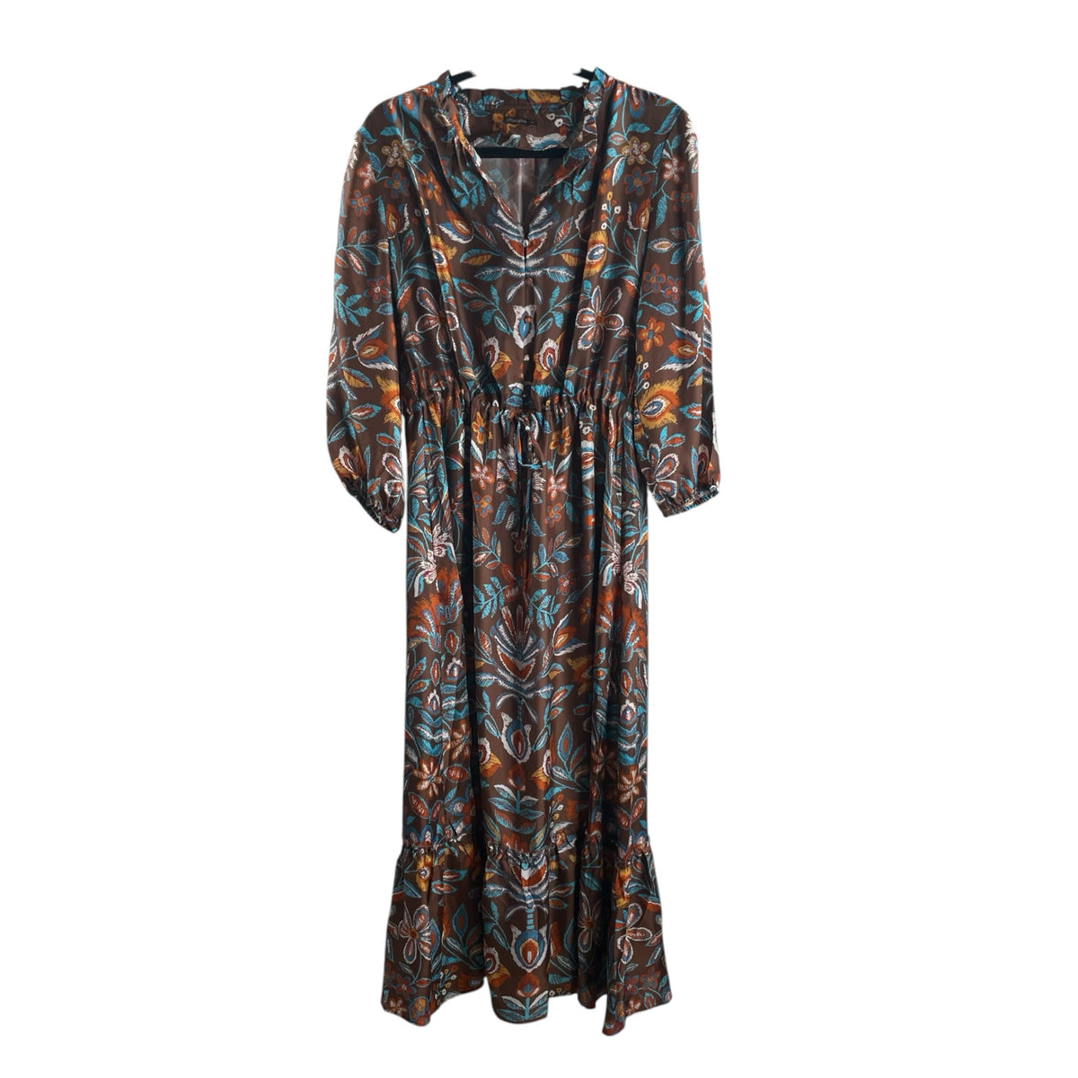 J MCLAUGHLIN Size MEDIUM Brown/Turq Floral Long Sleeve Silk blend DRESS