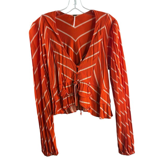 FREE PEOPLE Size MEDIUM Orange/Tan Stripe Long Sleeve Crop Rayon TOP