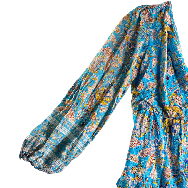 HEMANT & NANDITA Size SMALL Aqua/Multi Print One Sleeve Cotton DRESS