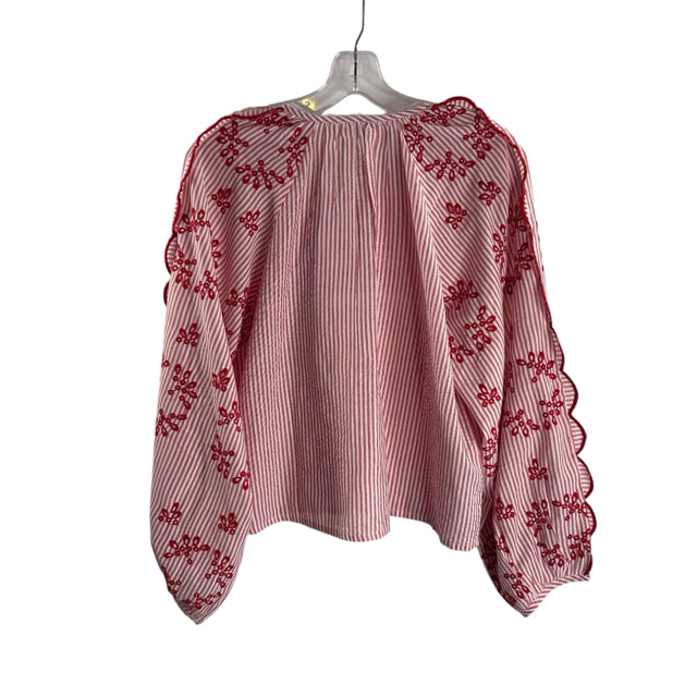CHAKERIS Size MED Red Stripe Long Sleeve BLOUSE
