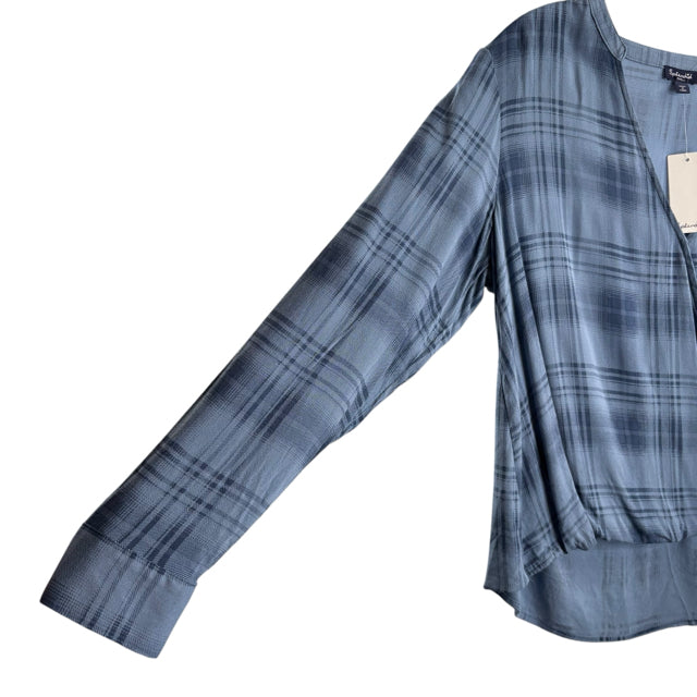 SPLENDID Size SMALL Blue Plaid Long Sleeve Cross Front Viscose NWT TOP