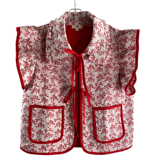 ENTRO Size MEDIUM White/Red Bows Short Sleeve Tie in front Cotton TOP
