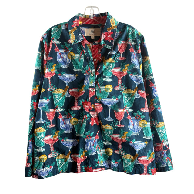 PRINTFRESH Size MEDIUM Teal/Multi Print Long Sleeve Button Front BLOUSE