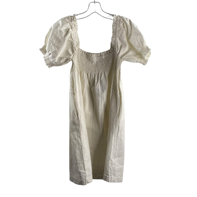 FAHERTY Size MEDIUM Cream Ruched Short Sleeve Linen NWT DRESS