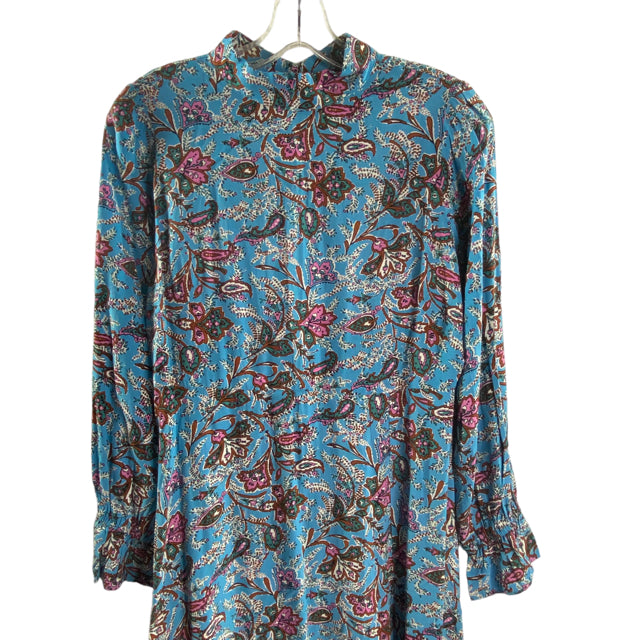 LOFT Size 0 Blue/Multi Paisley Long Sleeve Viscose DRESS