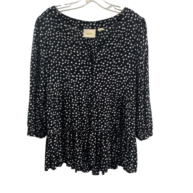 MAEVE Size PETITE MEDIUM Black/White Print 3/4 Sleeve Baby Doll Rayon TOP