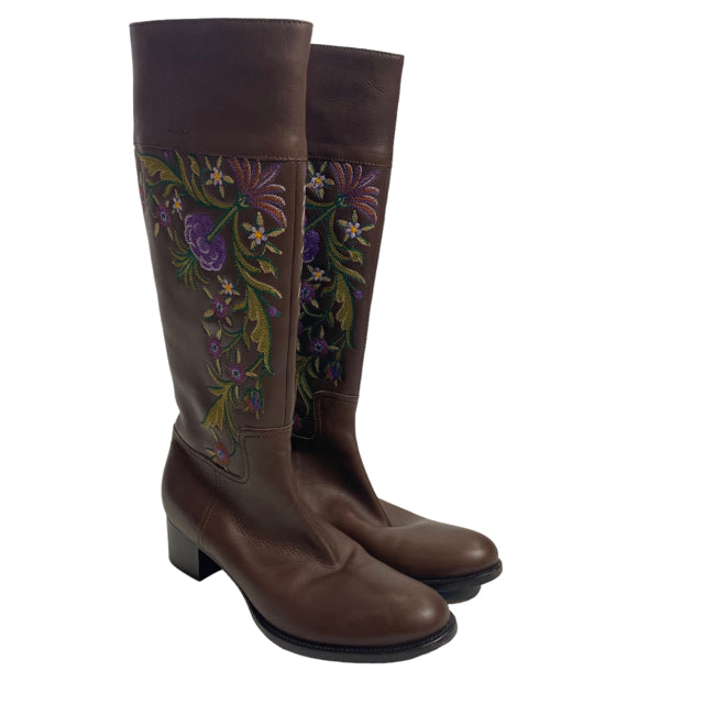 CAR SHOE Size 39 1/2 Brown/Multi Knee High Leather BOOT