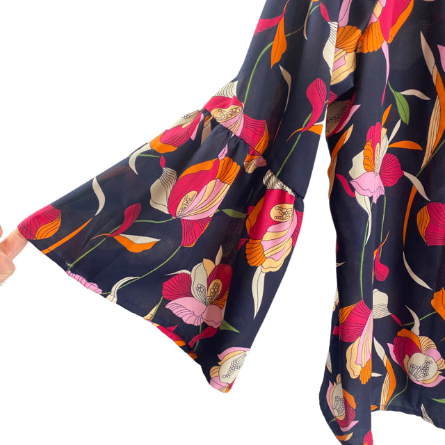 W5 Size LARGE Navy/Multi Floral Bell Polyester TOP
