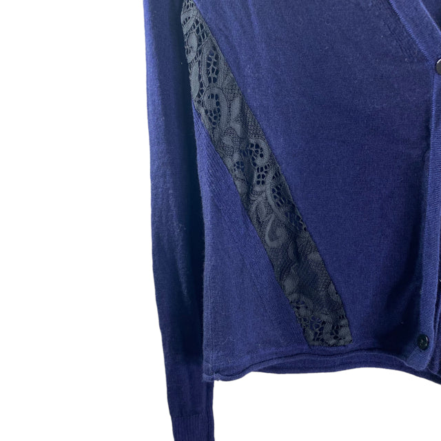 NANETTE LEPORE Size MEDIUM Navy/Black Lace details Long Sleeve Cardigan SWEATER